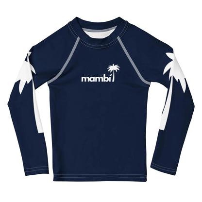 A navy blue long-sleeve rash guard featuring white palm tree graphics on the sleeves and a bold Mambí logo with a palm tree above the text on the chest.