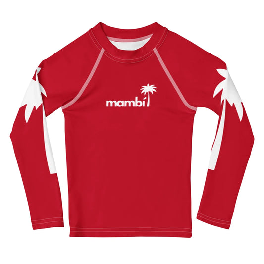 A long-sleeve red shirt with white palm leaf designs on the sleeves and a white palm tree logo above the word Mambí on the chest.