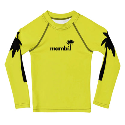 A yellow long-sleeve rash guard featuring black palm tree graphics on the sleeves and “Mambí” with a small palm tree logo on the chest.