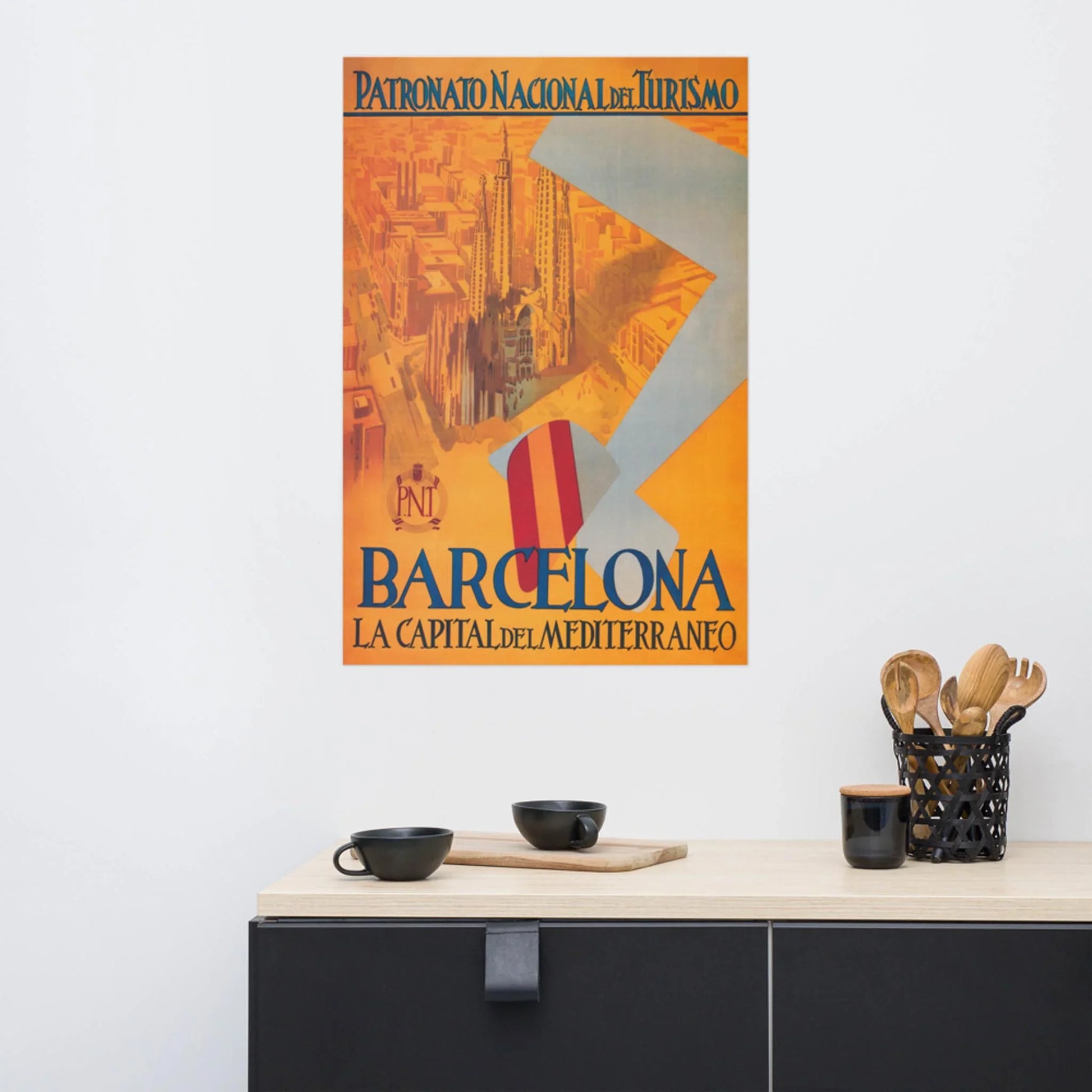 Add retro flair with Printful’s “Barcelona” Reprinted Vintage Poster (24x36, premium luster paper), featuring iconic cityscapes and the Catalonia flag—ideal sophisticated decor above a minimal kitchen counter.