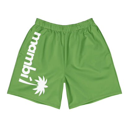 Experience comfort and performance in Printful’s Belmar Long Athletic Shorts—unisex, green, with an elastic waistband, mambi text, and a white sunburst graphic—ideal for running or any active pursuit.