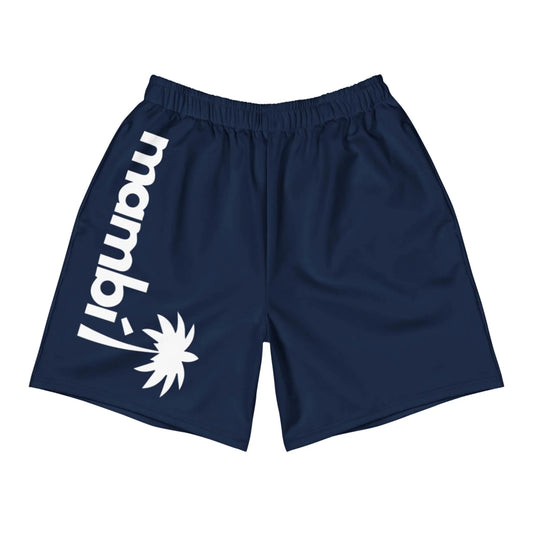 Printful’s “Belmar” Long Athletic Shorts | Unisex in navy blue feature an elastic waistband, mambí in bold vertical white letters and a stylized palm on the left leg—designed for comfort and running performance.