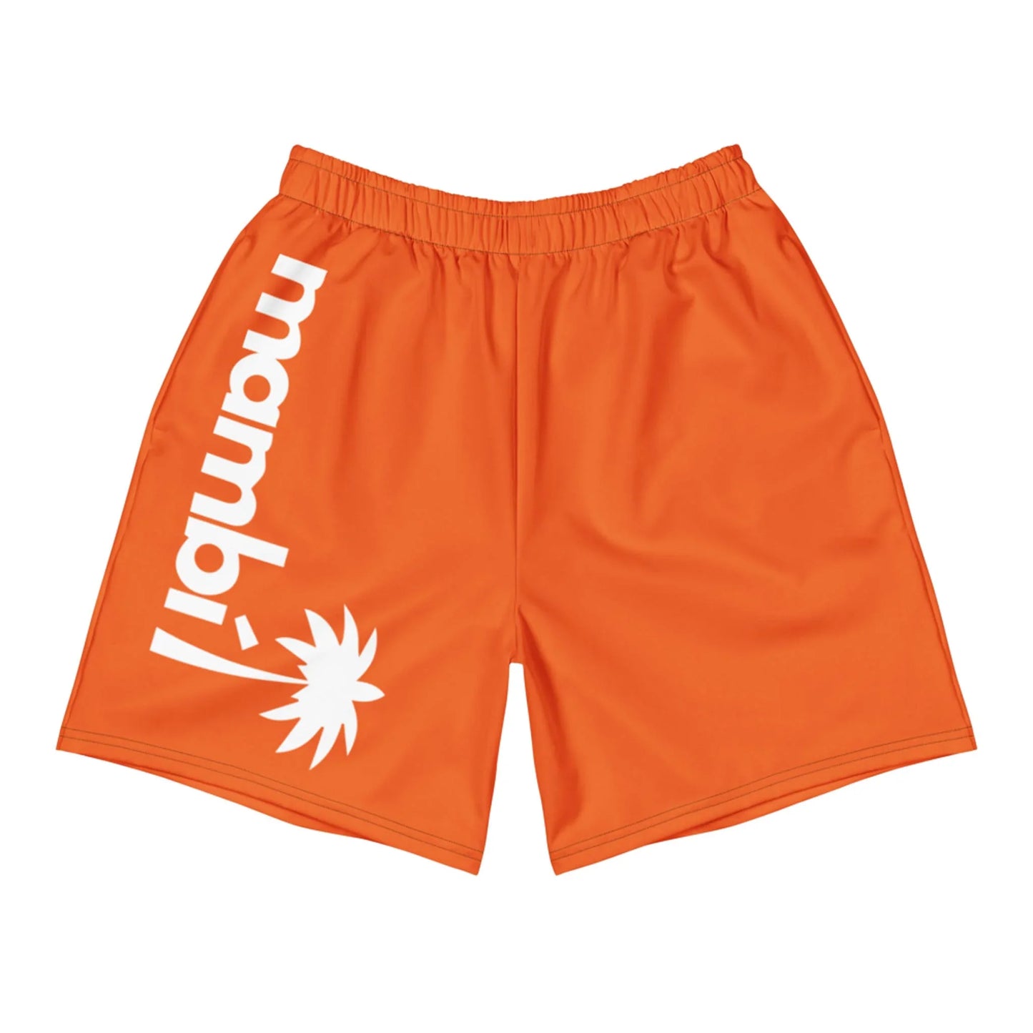 Printful’s Belmar Long Athletic Shorts | Unisex in bright orange feature an elastic waistband, with mambi and a white palm design vertically printed on the left leg—ideal for comfort, performance, and running.