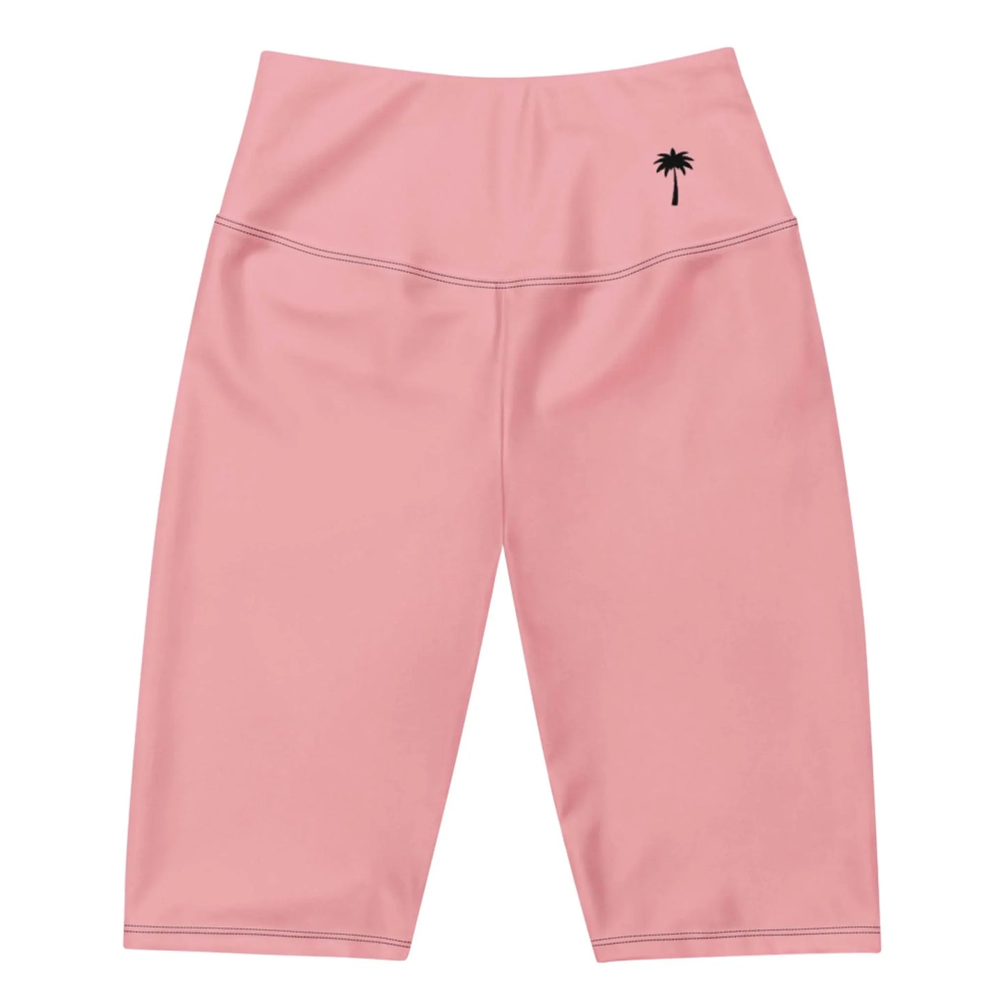 Pink high-waisted athletic shorts featuring a black palm tree graphic on the left side, inspired by Mambí style, displayed on a white background.