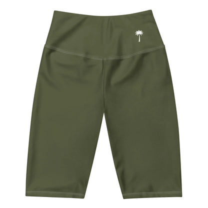 Army green high-waisted biker shorts with a small white palm tree graphic on the left hip, featuring the signature Mambí touch, laying flat on a white background.
