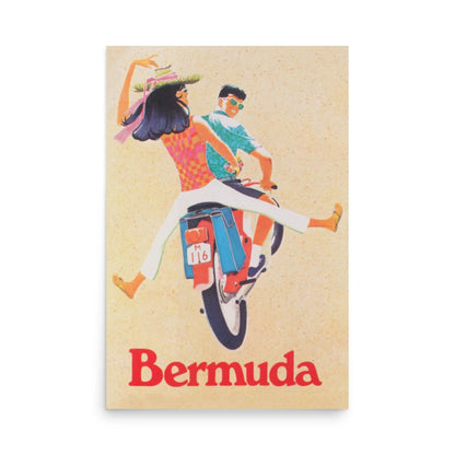 The “Bermuda” Reprinted Vintage Poster by Printful features a vibrant, retro-inspired moped scene and bold red title, printed on premium luster paper (24x36”) for an elegant finish.