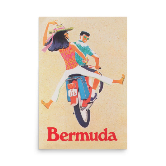 The “Bermuda” Reprinted Vintage Poster by Printful features a vibrant, retro-inspired moped scene and bold red title, printed on premium luster paper (24x36”) for an elegant finish.