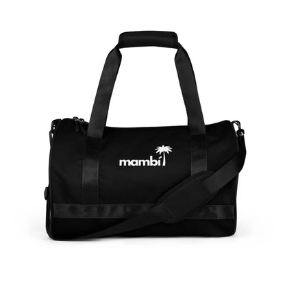 A black duffel bag with dual handles and an adjustable shoulder strap, featuring the word Mambí and a palm tree logo in white on the front against a plain white background.