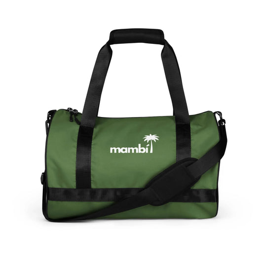 A green duffel bag with black straps and a shoulder pad, featuring the white Mambí logo and a palm tree graphic on the front.