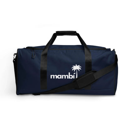 A navy blue duffel bag with black handles and a shoulder strap, featuring the white Mambí logo and a palm tree graphic on the side.