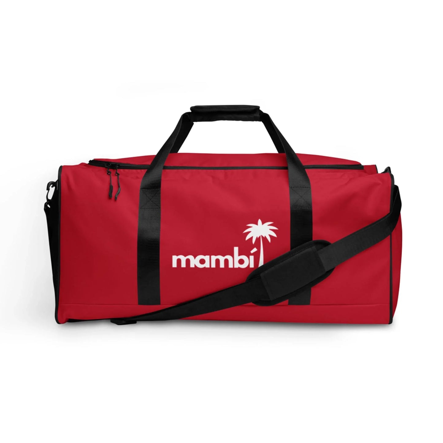 A red duffel bag with black handles and a shoulder strap. The bag features a white palm tree logo and the word Mambí on the side.