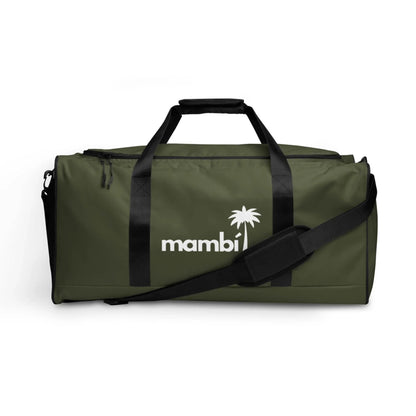 Olive green duffel bag with black handles, a shoulder strap, and the Mambí logo in white featuring a palm tree design on the front. The bag is set against a plain white background.
