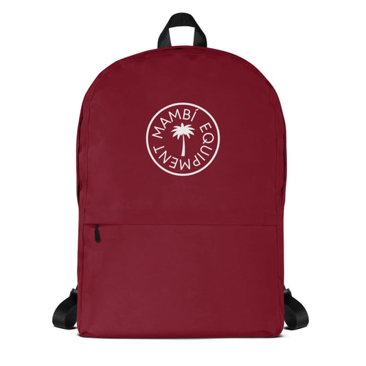 The Boulevard East All-Purpose Backpack by Printful is maroon with black straps, a circular white palm tree logo reading Mambí Equipment on the front, and a hidden back pocket for convenience.