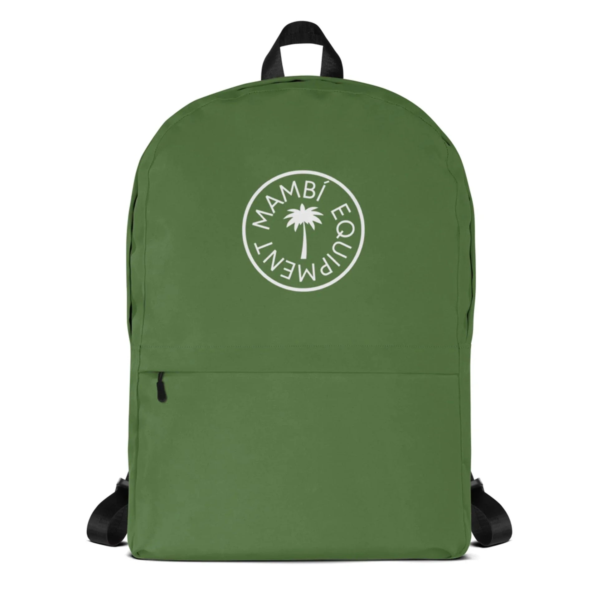 The Boulevard East All-Purpose Backpack by Printful is green with black straps, a front zipper pocket, and a white circular MAMBÍ EQUIPMENT palm tree logo. It also features a hidden back pocket for added security.