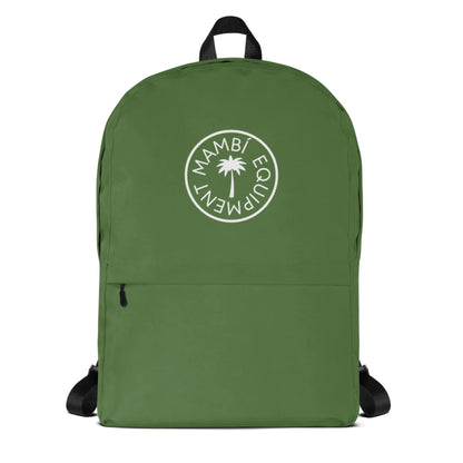 The Boulevard East All-Purpose Backpack by Printful is green with black straps, a front zipper pocket, and a white circular MAMBÍ EQUIPMENT palm tree logo. It also features a hidden back pocket for added security.