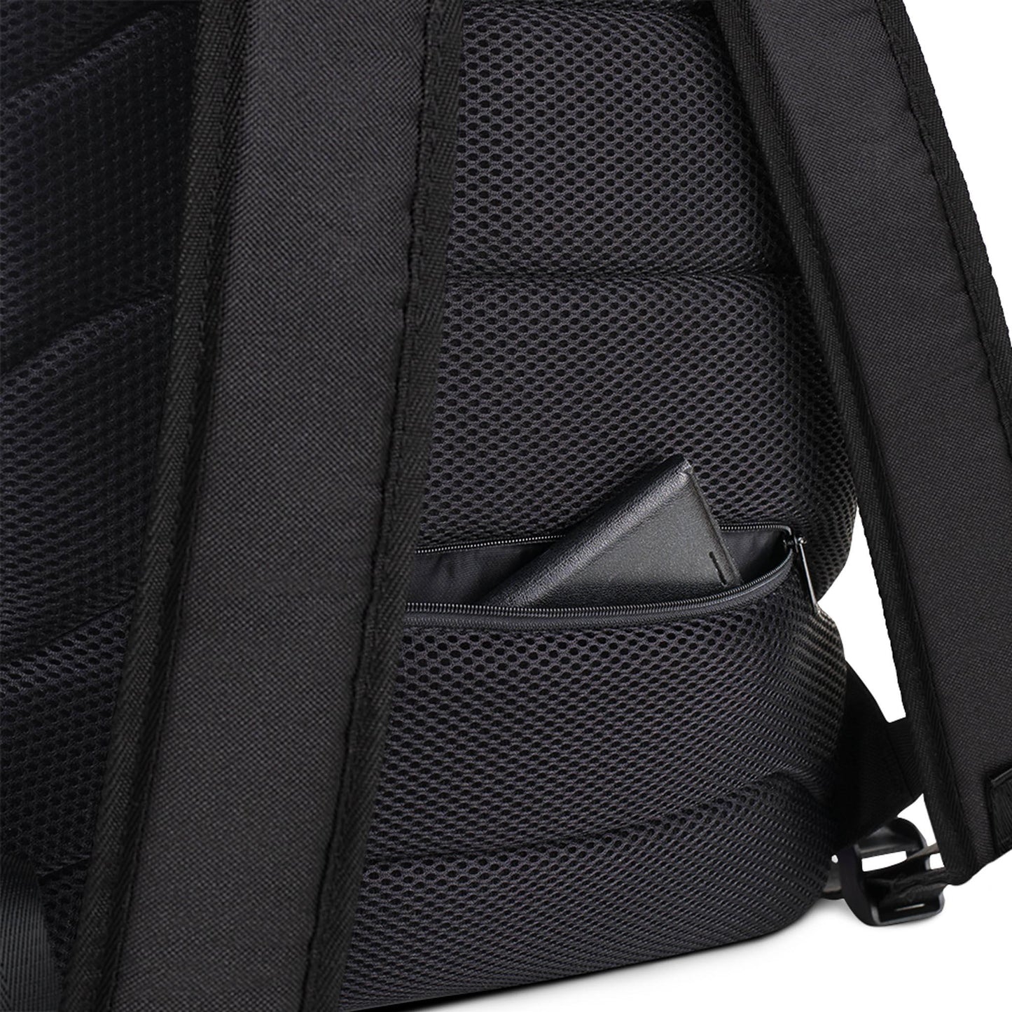 Close-up of the Printful Boulevard East All-Purpose Backpack’s padded back, featuring a small zippered mesh pocket partially open with a black wallet inside. The backpack’s shoulder straps and hidden back pocket are also visible.