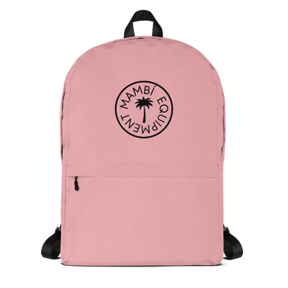 The Boulevard East All-Purpose Backpack by Printful is light pink with black straps, a front zipper pocket, a round black logo featuring a palm tree and MAMBÍ EQUIPMENT, plus a hidden back pocket for added security.