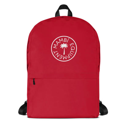 The Boulevard East All-Purpose Backpack by Printful is red, features a front zipper pocket, a laptop compartment, and a white circular logo with a palm tree and the text MAMBI EQUIPMENT.