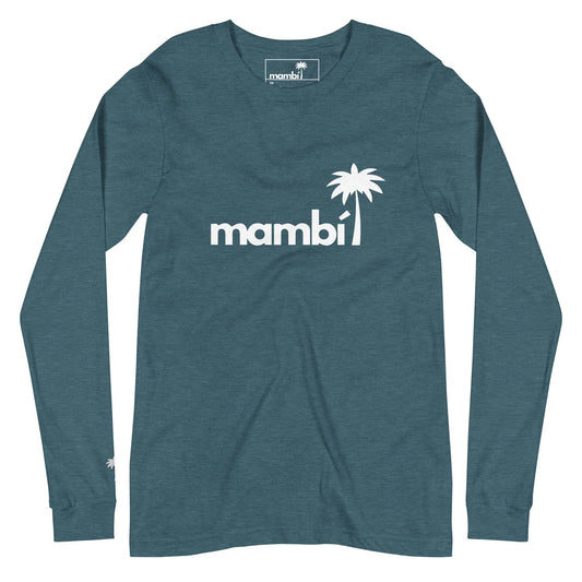 Teal long-sleeve shirt with the word Mambí and a white palm tree graphic on the chest, plus a small white palm tree near the left wrist.