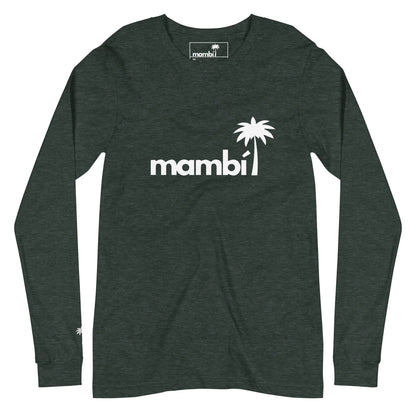 Dark gray long-sleeve shirt featuring the word “Mambí” in white lowercase letters, with a white palm tree graphic replacing the dot above the i. A small palm tree accents the left sleeve.