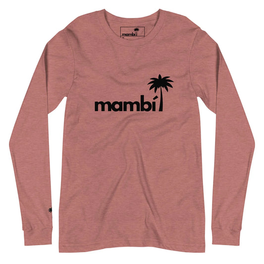 A long-sleeve, dusty rose t-shirt featuring the word Mambí in bold black letters with a black palm tree graphic integrated into the text on the chest and a small palm tree near the wrist.