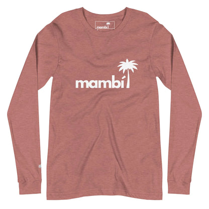 Long-sleeve, mauve-colored shirt featuring Mambí and a white palm tree graphic printed on the chest.