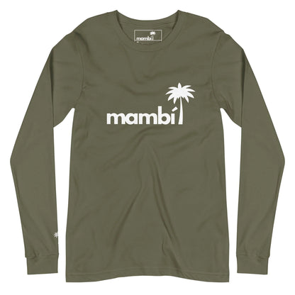 Olive green long-sleeve shirt with the word Mambí in white and a white palm tree graphic above the chest. A small palm tree is also featured on the left sleeve cuff.