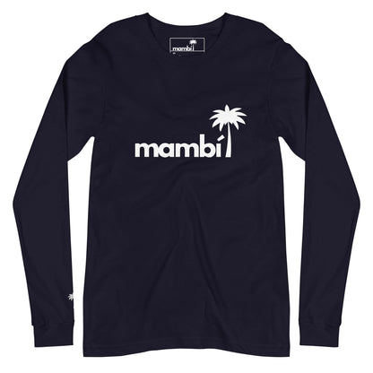 A black long-sleeve shirt featuring the word Mambí in white lowercase letters with a palm tree graphic on the front, and a small palm tree on the left sleeve near the cuff.