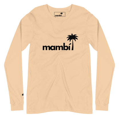 Beige long-sleeve shirt featuring Mambí and a black palm tree logo on the front. A smaller palm tree logo accents the left sleeve near the wrist.