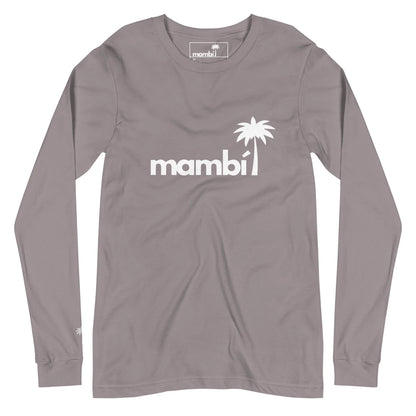 A long-sleeve mauve shirt featuring Mambí in white lowercase letters and a white palm tree graphic above the i on the chest, plus a small white palm tree on the left wrist.