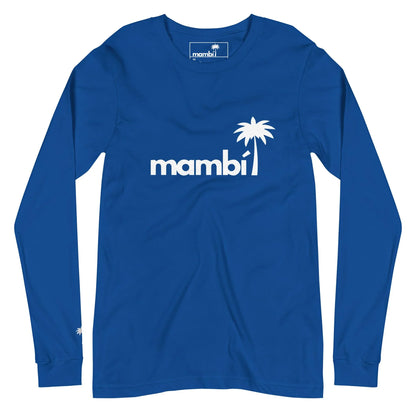 Blue long-sleeve shirt featuring Mambí in white across the chest, with a white palm tree graphic to the right of the text.