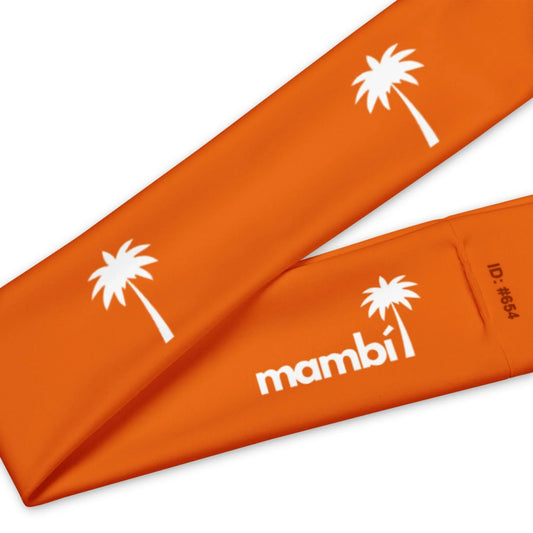 An orange fabric band featuring white palm tree graphics and the word Mambí printed in white, along with an ID: #664.