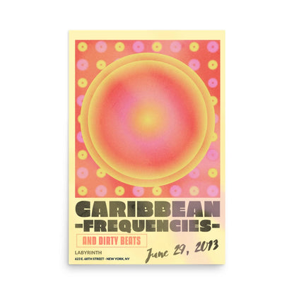 Poster features a large, abstract orange and yellow circle over a pink and red patterned background. Text reads: Caribbean Frequencies and Dirty Beats, featuring Mambí, June 29, 2013, Labyrinth, 6321 E. 64th Street, New York, NY.