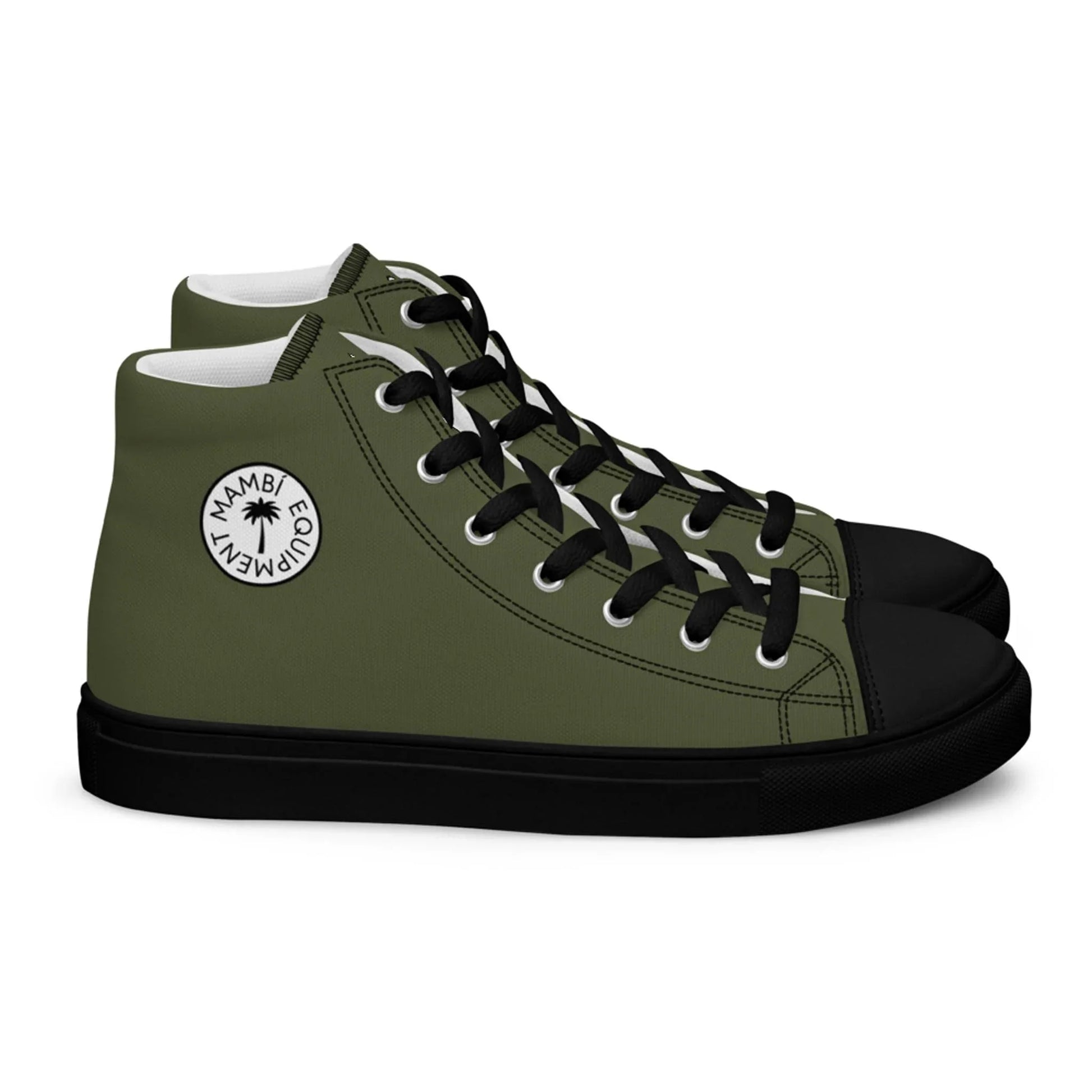 The Carlito Sastre Vintage Hi-Top Sneakers for men by Printful feature an olive green canvas, black laces and soles, a white circular MWAMBI EQUALEMENTY logo, white interiors, and black toe caps for a classic look.