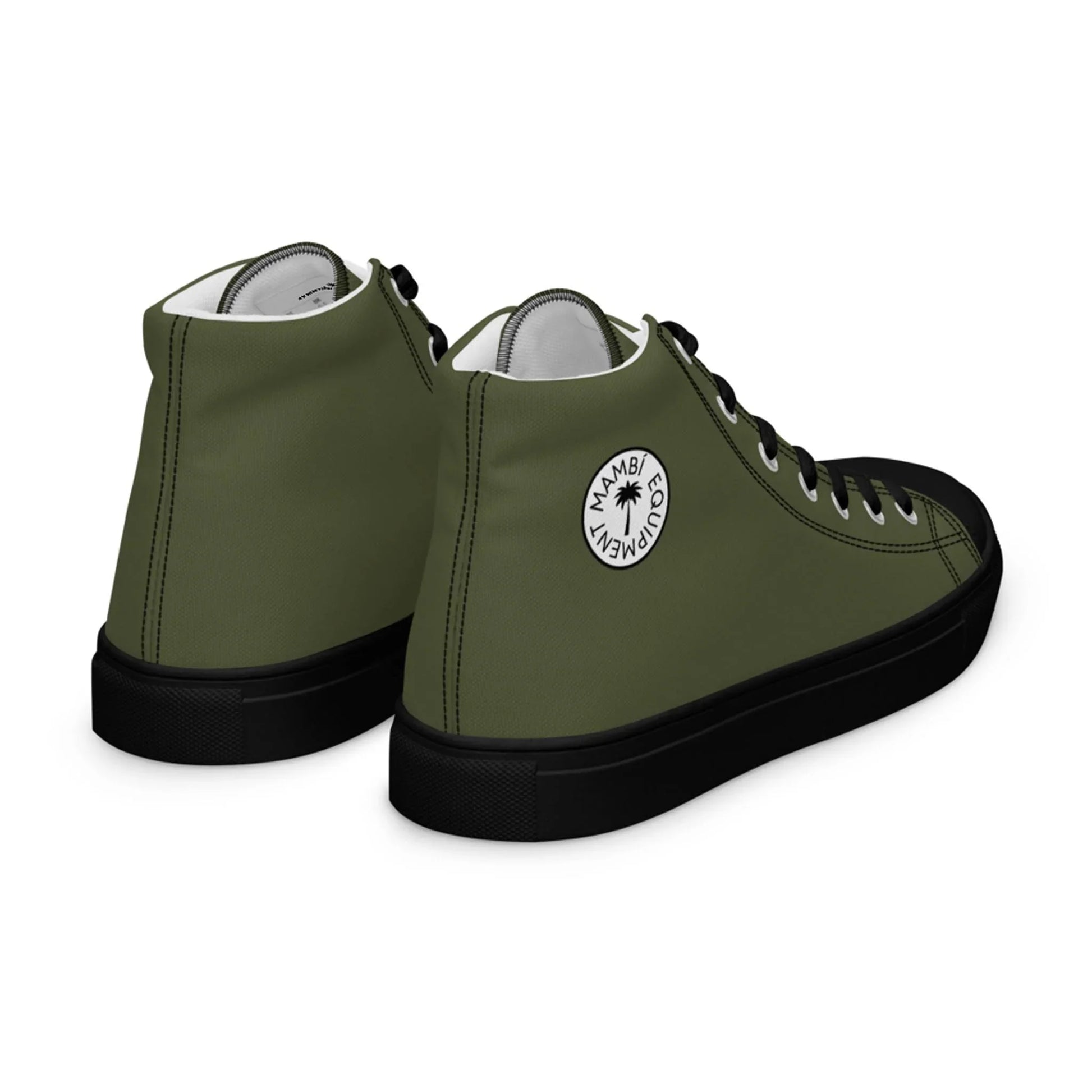 The Carlito Sastre Vintage Hi-Top Sneakers by Printful feature olive green canvas, black soles and toe caps, and a circular white logo with black text and a palm tree near the ankle—a style even Carlos Sastre would admire.