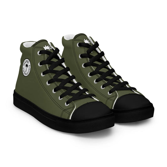 The Carlito Sastre Vintage Hi-Top Sneakers for men by Printful feature a black/Saratoga green canvas, black toe caps, soles, and laces, plus a white circular MAMBO CLUB palm tree logo—style inspired by Carlos Sastre.