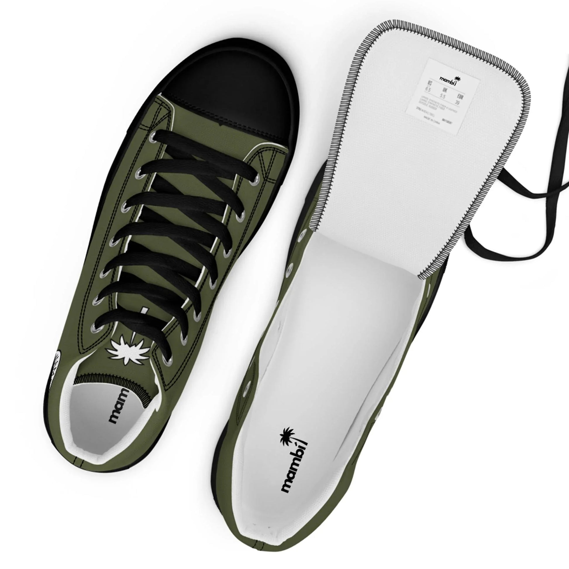 The Printful Carlito Sastre Vintage Hi-Top Sneakers for men feature a black and Saratoga (olive green) canvas design. One shoe stands upright displaying the side and laces; the other is on its side showing the insole and logo details.