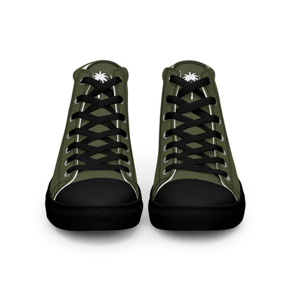 Printful Carlito Sastre Vintage Hi-Top Sneakers for men in Black/Saratoga, featuring olive green canvas uppers, black toes, laces, and soles. A small white palm tree logo appears on each tongue. Front view shown.