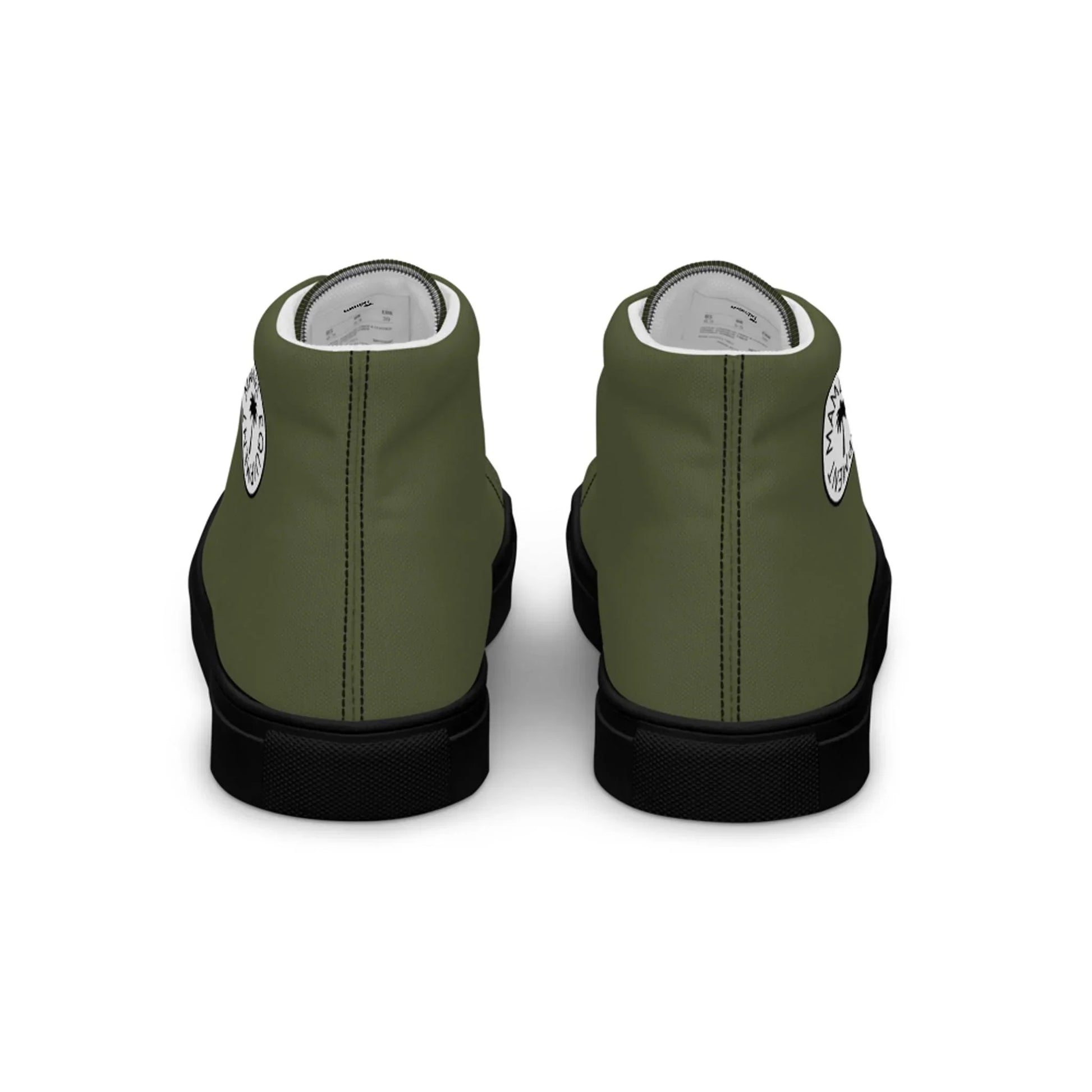 The Carlito Sastre Vintage Hi-Top Sneakers by Printful feature an olive green canvas with black soles, a white circular logo near the heel, and are displayed side by side on a white background.