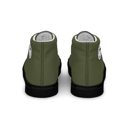 The Carlito Sastre Vintage Hi-Top Sneakers by Printful feature an olive green canvas with black soles, a white circular logo near the heel, and are displayed side by side on a white background.