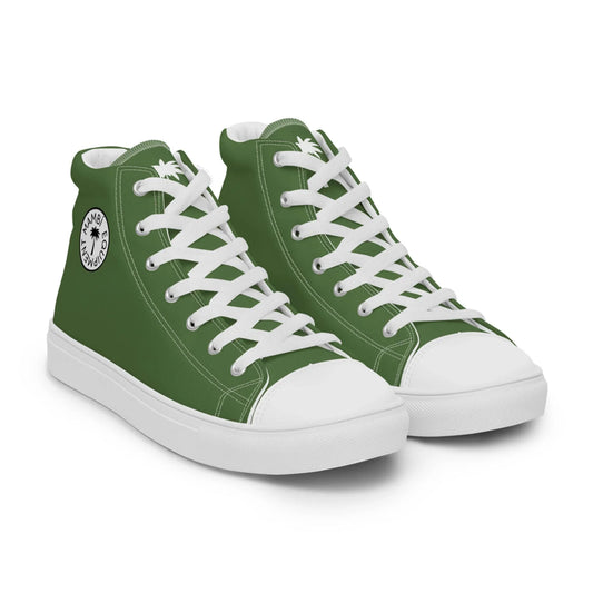 A pair of Carlito Sastre Vintage Hi-Top Sneakers by Printful in Mens White/Fern Green, featuring white laces, toe caps, soles, and a classic design with a circular palm tree logo and ankle text.