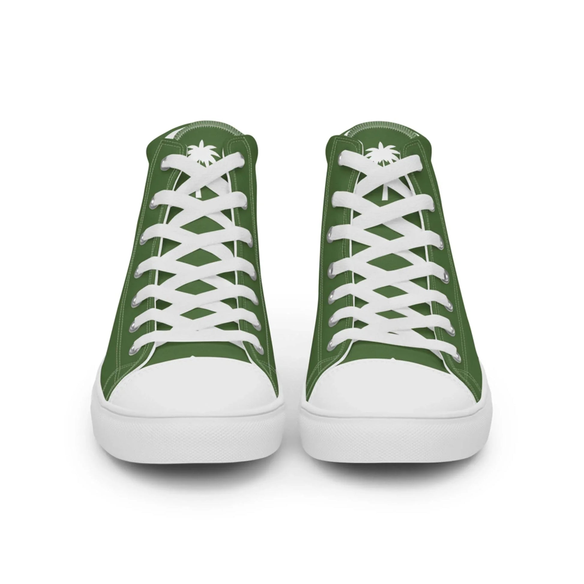 The Carlito Sastre Vintage Hi-Top Sneakers by Printful feature a classic mens design in white and fern green, with white laces, soles, and a palm tree logo on the tongue.