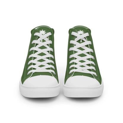 The Carlito Sastre Vintage Hi-Top Sneakers by Printful feature a classic mens design in white and fern green, with white laces, soles, and a palm tree logo on the tongue.
