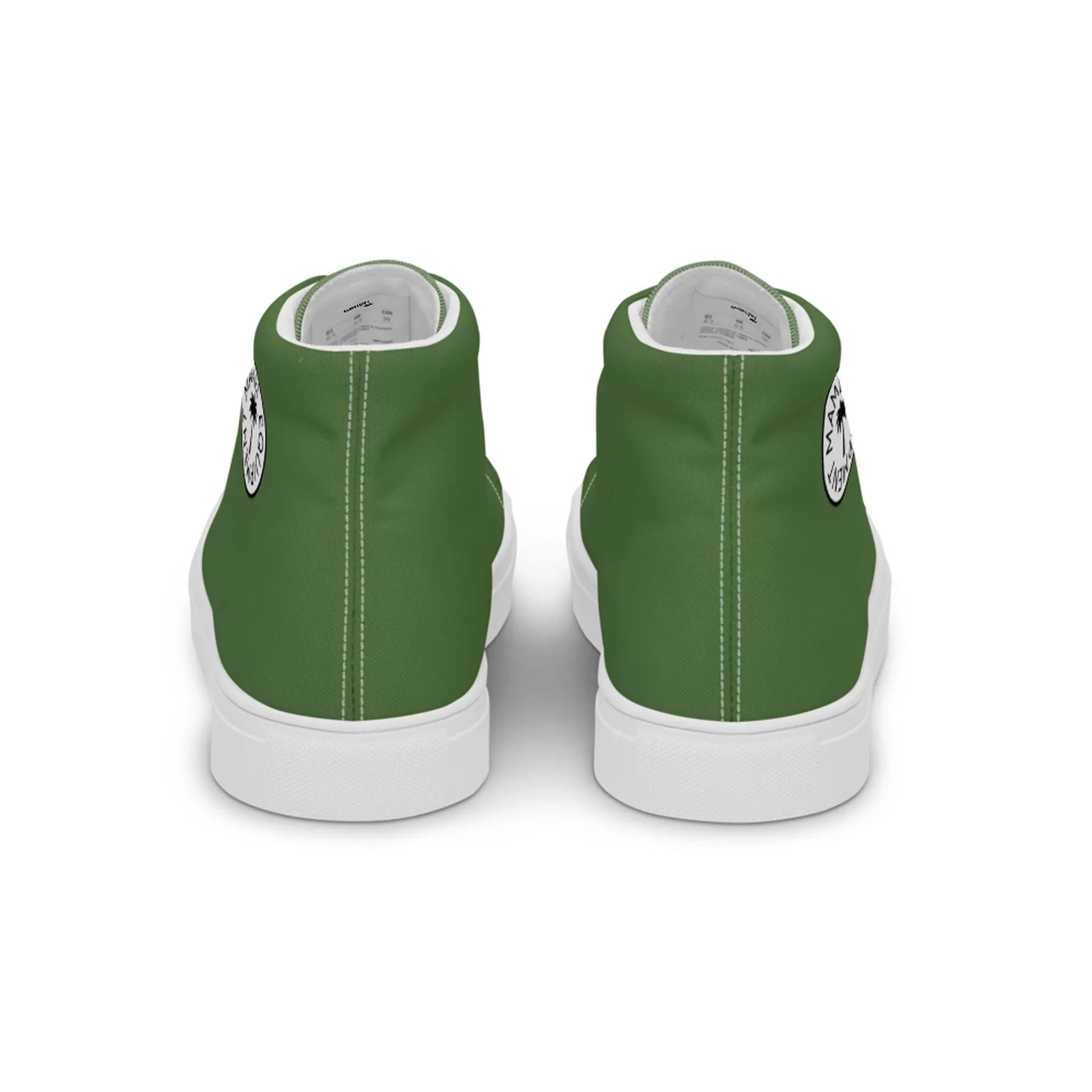 The Carlito Sastre Vintage Hi-Top Sneakers by Printful in White/Fern Green feature white soles and a circular black-and-white ankle logo, blending classic sneaker design with retro canvas style.