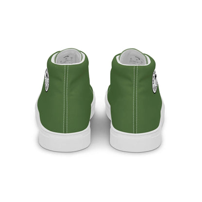 The Carlito Sastre Vintage Hi-Top Sneakers by Printful in White/Fern Green feature white soles and a circular black-and-white ankle logo, blending classic sneaker design with retro canvas style.