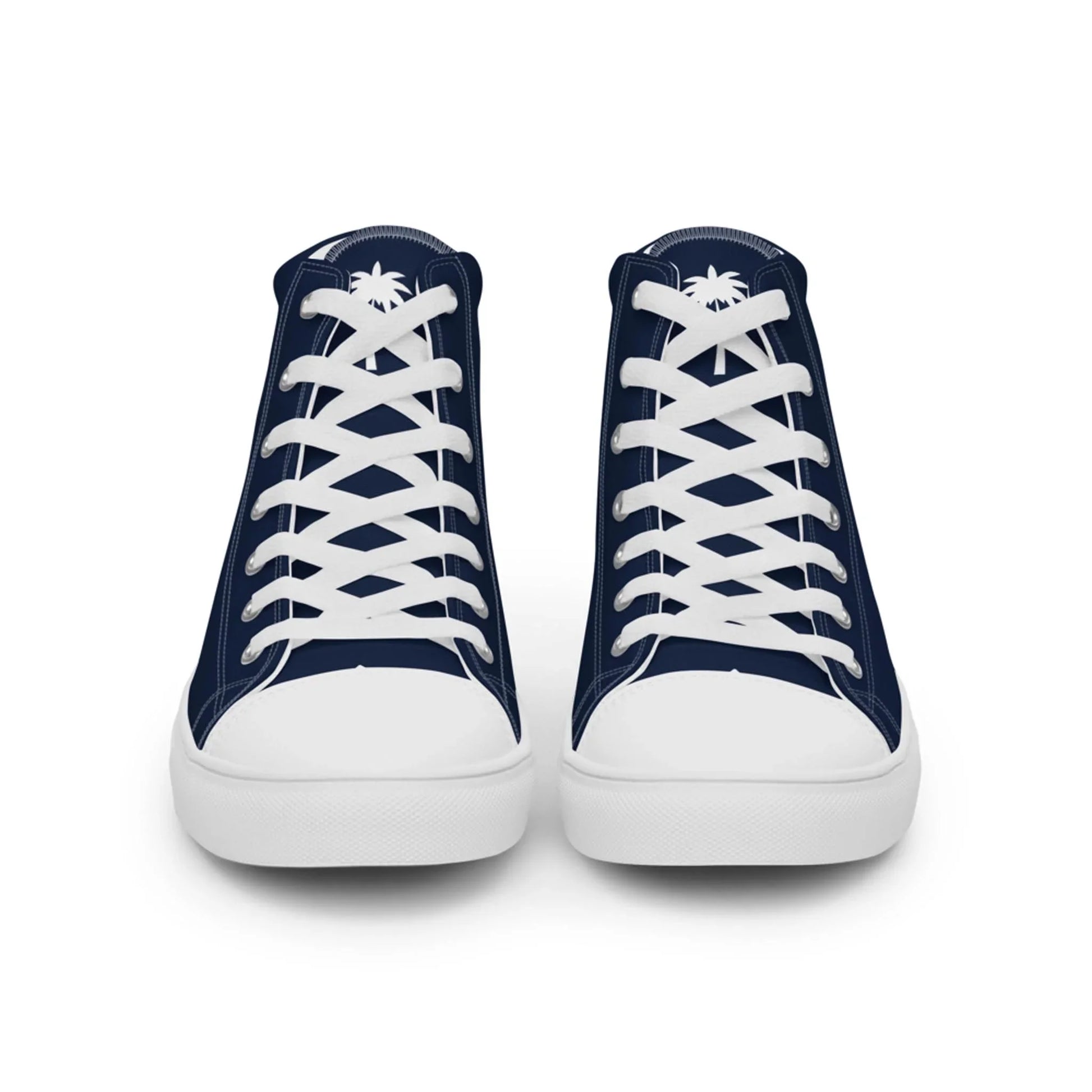 The Carlito Sastre Vintage Hi-Top Sneakers by Printful for men feature a navy and white canvas design with white laces, toe caps, and soles. Each tongue displays a palm tree motif, as seen from the front view.