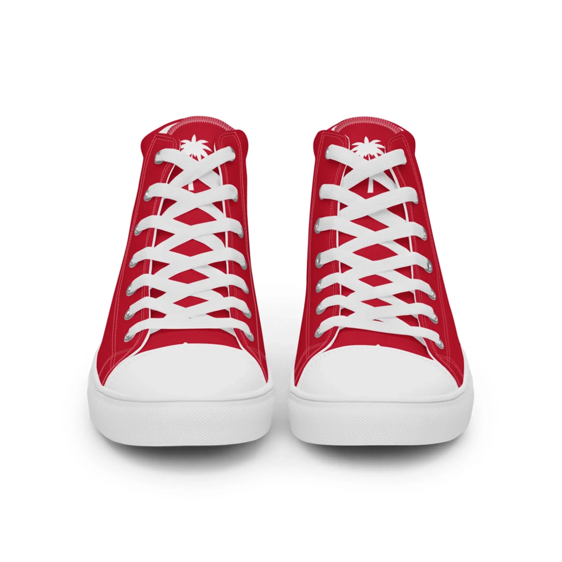 A pair of red high-top sneakers with white laces, white toe caps, and a white palm tree design on the tongue featuring subtle Mambí details, shown from the front against a plain white background.