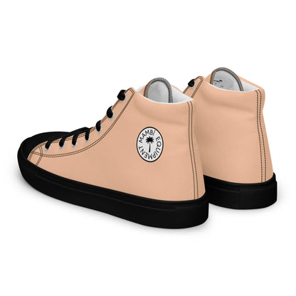 The Carlito Sastre Vintage Hi-Top Sneakers by Printful for women feature peach sides, black laces, toe caps, and soles, plus a white Mamba Edition logo on the ankle.