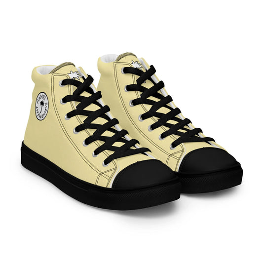 The Carlito Sastre Vintage Hi-Top Sneakers by Printful feature Banana Mania canvas uppers, black rubber soles and toe caps, black laces, and a round logo patch near the ankle. Mens sizing.