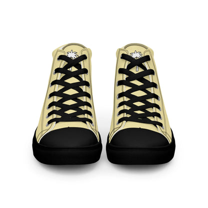 The Carlito Sastre Vintage Hi-Top Sneakers by Printful for men feature black soles and laces, banana mania (beige) canvas uppers, and palm tree graphics on the tongues. Shown from the front.